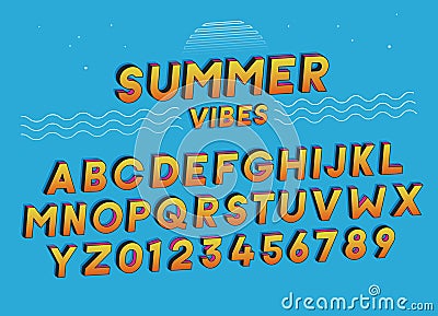 Summer Vibes font effect design with vivid colors. Vector art. Includes full alphabet and numbers Vector Illustration