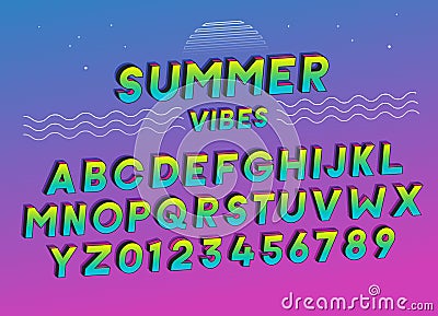 Summer Vibes font effect design with vivid colors. Vector art. Includes full alphabet and numbers Vector Illustration