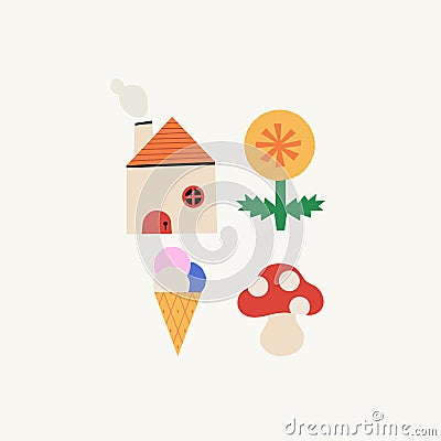 Summer vibes labels collection, flower, ice cream mushroom and house Vector Illustration