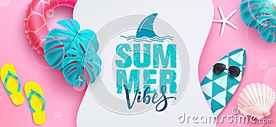Summer vibes vector deign. Summer vibes text in white empty space with surfboard and floater elements in background. Vector Illustration
