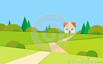 Summer View Landscape Road To House Vector Illustration