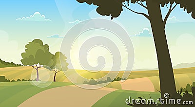 Summer View Landscape Rural Road Green Grass Blue Sky Sunset Vector Illustration