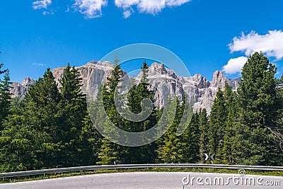 Summer view of Sella Towers and Piz BoÃ¨ from Passo Pordoi, Canazei, Dolomites, Italy Stock Photo