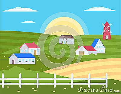 Summer village landscape flat vector illustration Vector Illustration