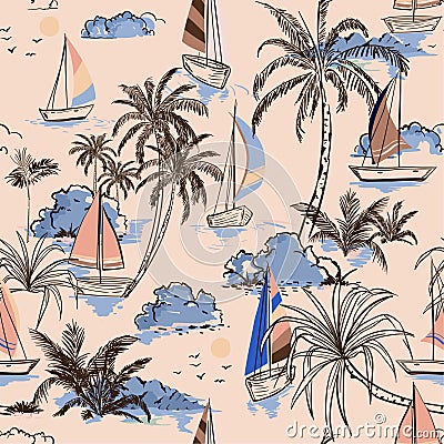 Summer Vintage Beautiful seamless pattern island with boat and w Stock Photo