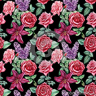 Summer vintage floral. Blooming lilac, lily, roses watercolor botanical illustration. Seamless pattern digital paper Cartoon Illustration