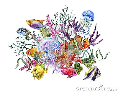 Summer Vintage Watercolor Sea Life Greeting Card Cartoon Illustration