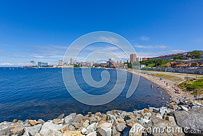 Summer, 2016 - Vladivostok, Russia - Water area of Fedorov Bay in Vladivostok. Undeveloped beach in the center of Vladivostok Stock Photo