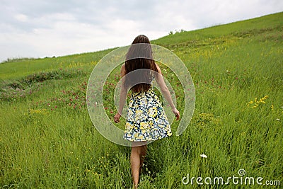 Summer walk on a green ravine, a young slim pretty girl with long brown hair in a yellow dress sundress, enjoys life Stock Photo
