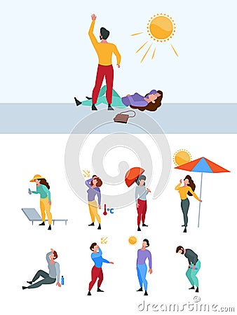 Summer warm person. Hot body sweaty tired unhealthy people in sunlight time outdoor characters with high temperature Vector Illustration
