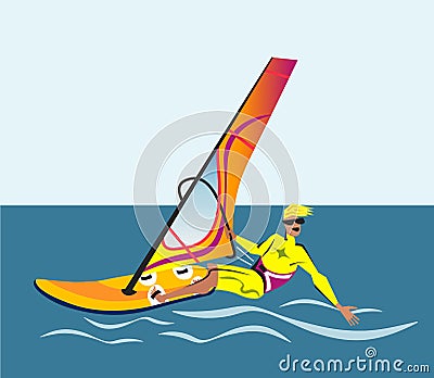 Summer water beach sports, activities. Board with a sail, wetsuit. Man standing on the board learning to windsurf. Windsurfer tra Vector Illustration