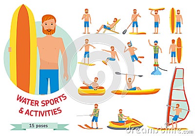 Summer water beach sports, activities set. Man windsurfing, surfing, jet water skiing, paddleboarding, tubing Vector Illustration