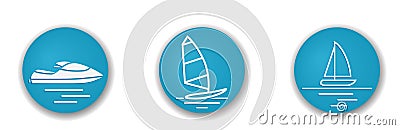 summer water beach sports round icons. windsurfing, sailing yacht and jet ski symbols. tourism and vacation design Vector Illustration