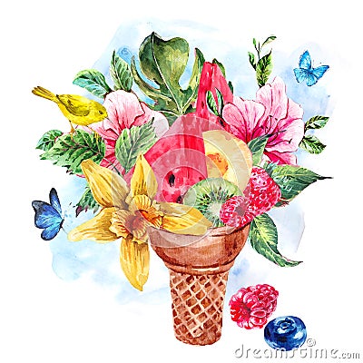 Summer watercolor greeting card with a fruity cocktail Cartoon Illustration