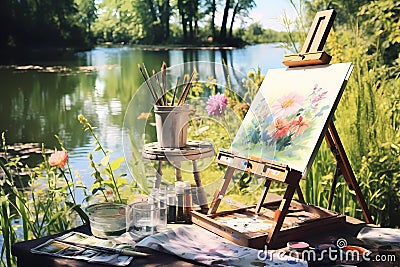 Summer Watercolor Painting - Set up an outdoor studio with watercolor paints and paper Stock Photo