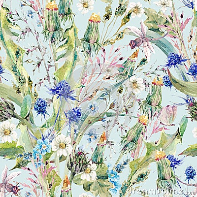 Summer watercolor seamless floral pattern with wild flowers Stock Photo