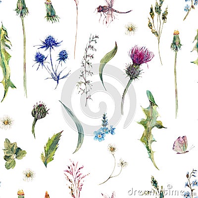 Summer watercolor seamless floral pattern with wild flowers Stock Photo