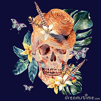 Summer watercolor vector skull, tropical leaves, flowers Vector Illustration