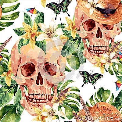 Summer watercolor vector skull, tropical leaves, flowers Vector Illustration