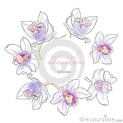 Summer watercolor wreath with violet orange orchids illustration. Hand drawn botanical art with spring decoration. Round Vector Illustration