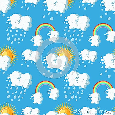 Summer weather seamless pattern with sun, clouds, rain and rainbow on blue sky backgrounds. Vector Illustration