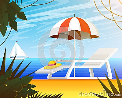 Summer web banner, background for travel. Tropical landscape with palm tree, beach umbrella and deckchair, yacht sail Vector Illustration