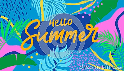 Summer web banner. Colorful botanical elements, anstract shapes, lines. Tropical leaves. Vector Illustration