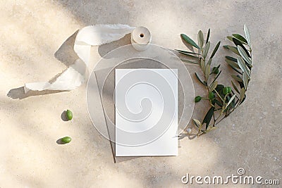 Summer wedding stationery mock-up scene. Blank greeting card, invitation. Craft envelope, olive fruit, branch and silk Stock Photo