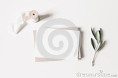 Summer wedding stationery mock-up scene. Blank horizontal greeting card, envelope, ribbon and olive branches isolated on Stock Photo