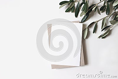 Summer wedding stationery mock-up scene. Blank vertical greeting card, craft paper envelope and olive branches isolated Stock Photo