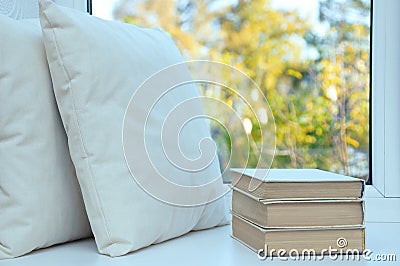 Summer a white pillow and books stand on the windowsill by the window Stock Photo