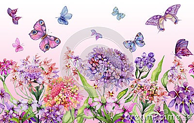 Summer wide banner. Beautiful vivid iberis flowers and colorful butterflies on pink background. Horizontal template. Cartoon Illustration