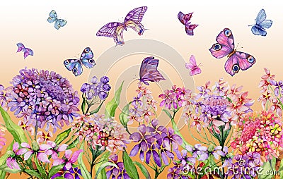 Summer wide banner. Vivid iberis flowers and colorful butterflies on orange background. Seamless panoramic floral pattern. Cartoon Illustration