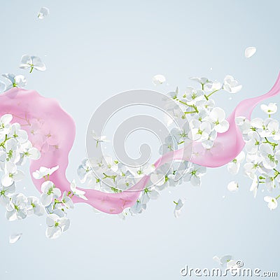 Summer wind - vector white apple blossom and pink silk ribbon Vector Illustration