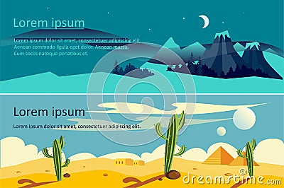 Summer and winter extreme travel horizontal banners, eco tourism, landscapes with snowy mountains and desert at night Vector Illustration