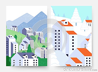 Summer winter landscape. Suburb lifestyle cards, minimal style buildings and nature in different seasons vector flyers Vector Illustration