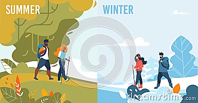 Summer Winter Set with Seasonal People Activities Stock Photo