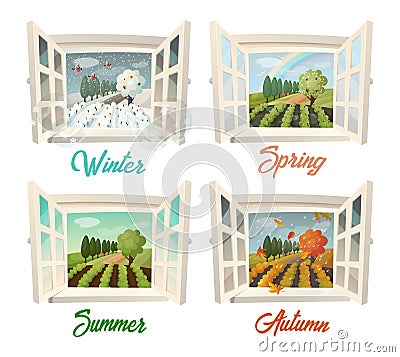 Summer and winter, spring and autumn village view Vector Illustration