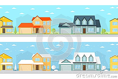 Summer and Winter town. Vector Illustration