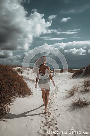 Summer woman in hat walking away in white sand , blue sky. Ai generative Stock Photo