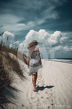 Summer woman in hat walking away in white sand , blue sky. Ai generative Stock Photo