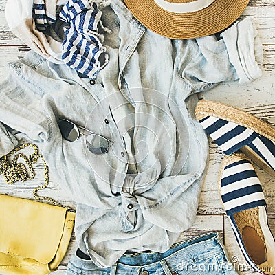 Summer woman`s outfit flatlay, top view, square crop Stock Photo