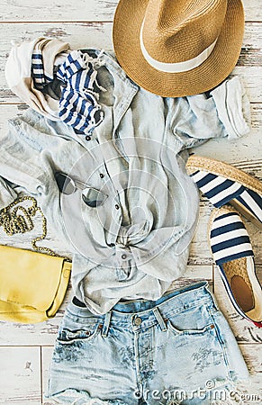 Summer woman`s outfit flatlay, top view, vertical composition Stock Photo