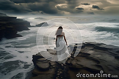 summer woman storm sky cloud dress sea ocean girl beach nature. Generative AI. Stock Photo