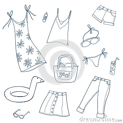 Summer women and girls clothes. Set of vector illustrations Vector Illustration