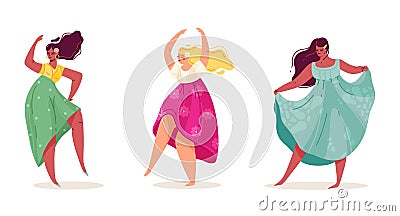 Summer women. Pretty body positive dance girls in sundresses and dresses with long hair. Young sexy models, people plus Vector Illustration