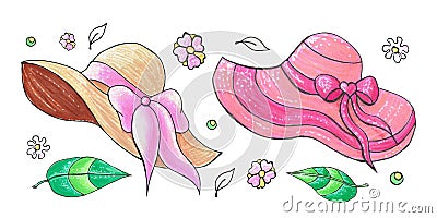 Summer women`s pink and beige hats with a bow. Elegant summer lady accessory. Illustration on white background Stock Photo