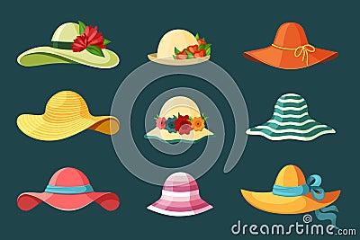 Summer womens hats set. Bright red headdress blue ribbon green wide brimmed accessory with bouquet of lush flowers Vector Illustration