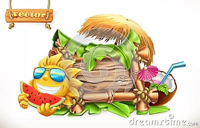 Summer. Wooden banner. 3d vector Vector Illustration