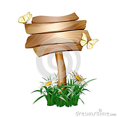 Summer wooden sign in green grass Vector Illustration